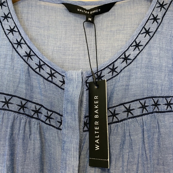 Walter Baker | NWT Floral Embroidery Button Front Popover Chambray Boho Blouse - Picture 6 of 9